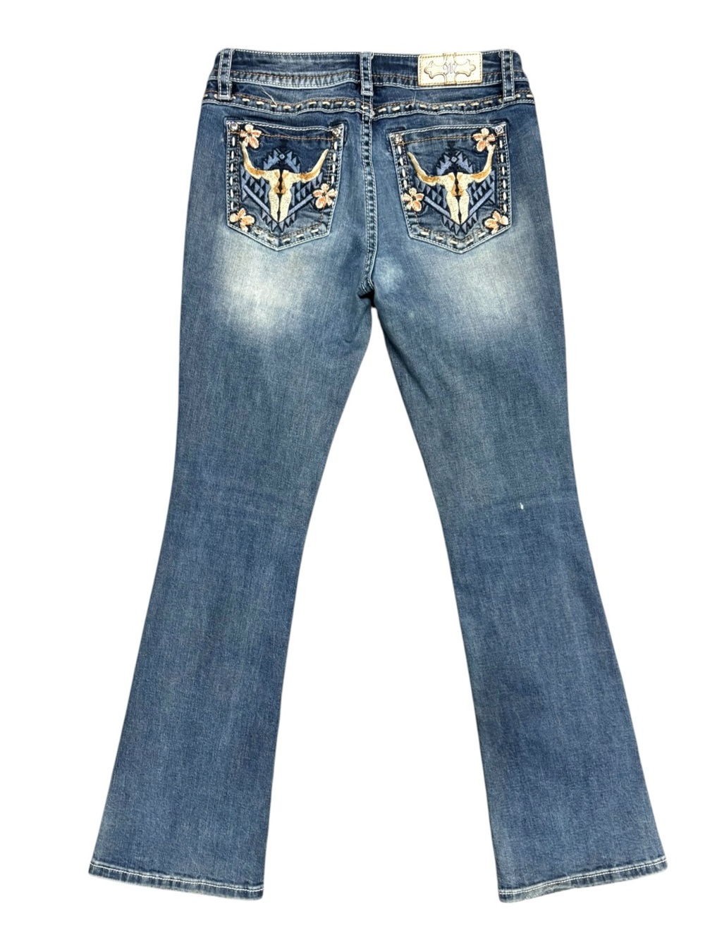 Miss Me | Chloe Boot Longhorn Cow Skull Floral Embroidered Pocket Bootcut Jeans